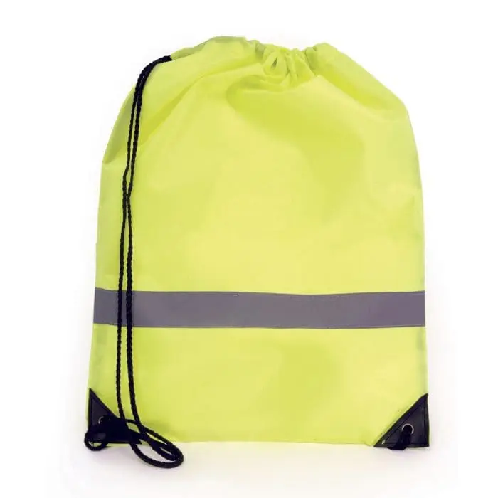 Branded reflective band drawstring bag in yellow with printed logo