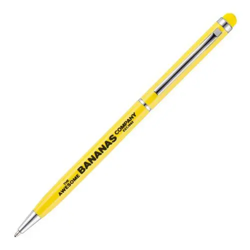 Printed Soft Top Colour Stylus Pen in yellow with yellow stylus and printed logo