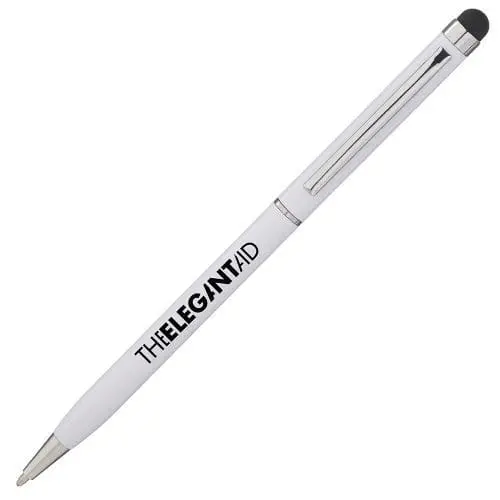 Printed Soft Top Stylus Ballpen in white with black stylus and printed logo