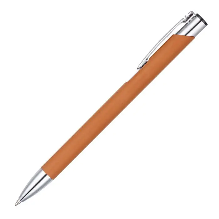 Custom-branded Soft Touch Metal Ballpen in orange and silver trim with no rings and printed logo