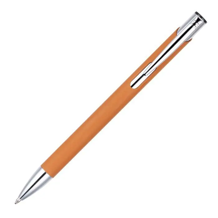 Custom-branded Soft Touch Metal Ballpen in orange and silver trim with no rings and printed logo