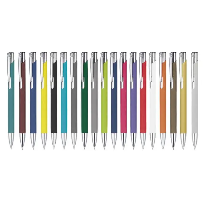 Printed Soft Touch Metal Ballpen in various colours and silver with no rings and printed logo