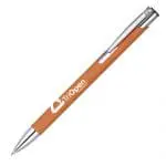 Branded Soft Touch Metal Ballpen in orange and silver trim with no rings and printed logo