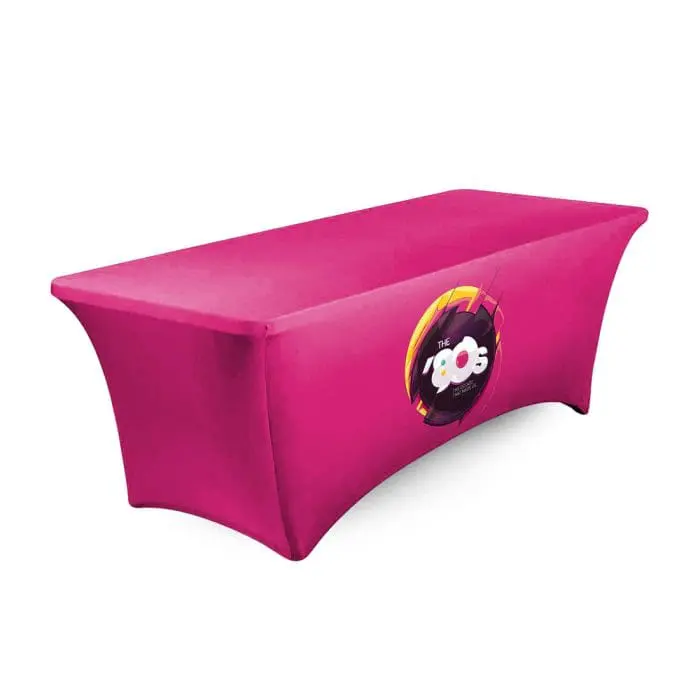 Printed Stretch Tablecloth 6ft x 2ft in pink printed with a logo or design