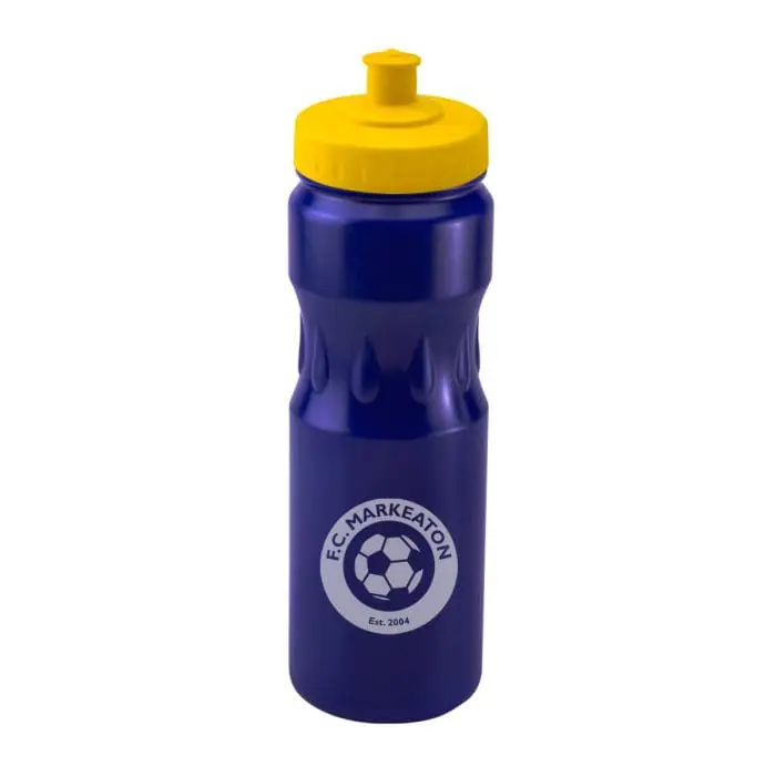 Printed Teardrop Bottle 750ml in blue with yellow lid and printed logo