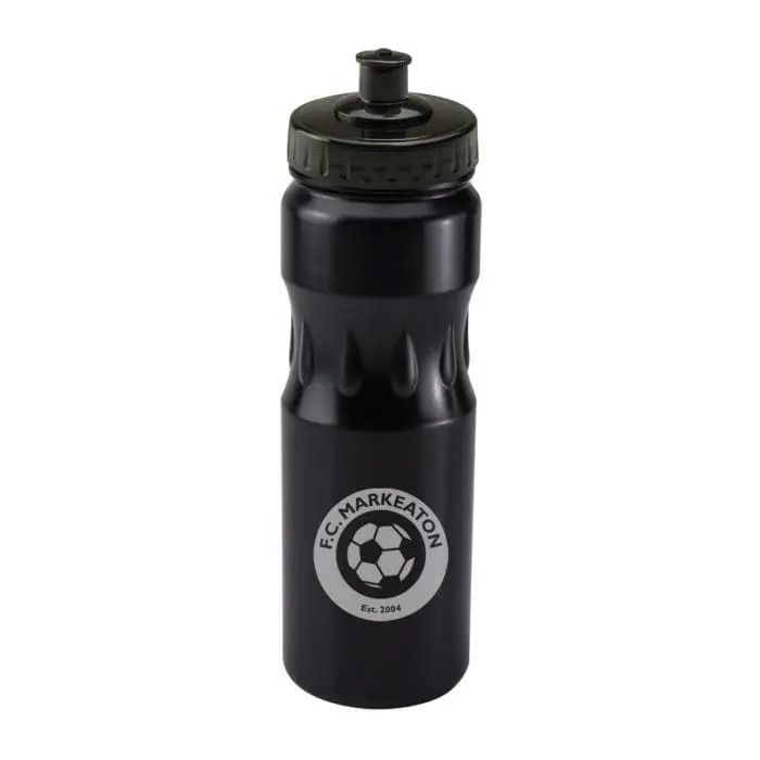 Custom-branded Teardrop Bottle 750ml in black with black lid and printed logo