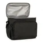 Promotional Teynham Deluxe Recycled Cooler Bag in black with printed logo and unzipped