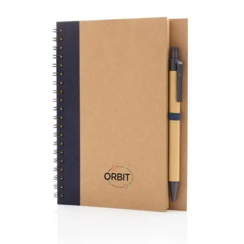 Promotional Kraft Spiral Notebook with Pen and blue trim printed with logo