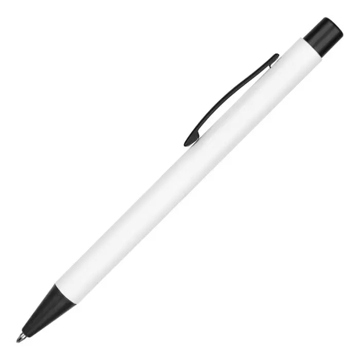 Branded Travis Colour Ballpen in white with black trim and printed logo