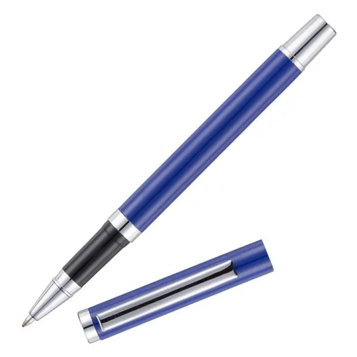 Branded Travis Gloss Rollerball Pen in blue and silver with printed logo