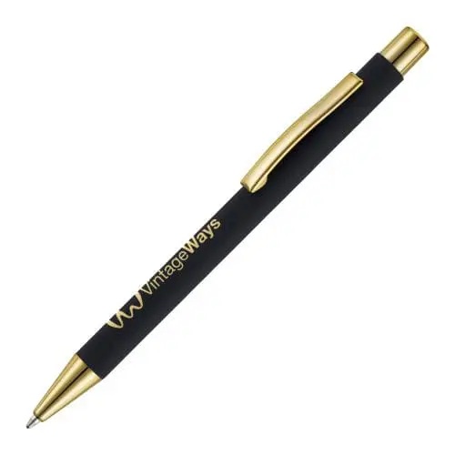 Printed Travis Gold Ballpen in black with gold trim and printed logo