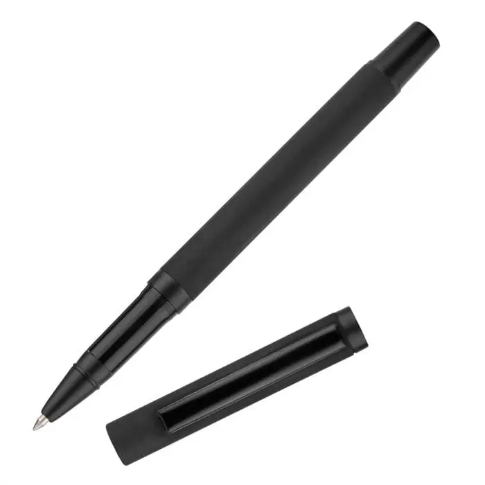 Branded Travis Noir Roller Pen in black with removable lid and printed logo