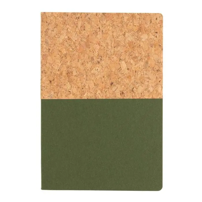 Branded A5 Cork and Kraft Notebook in cork and green with printed logo