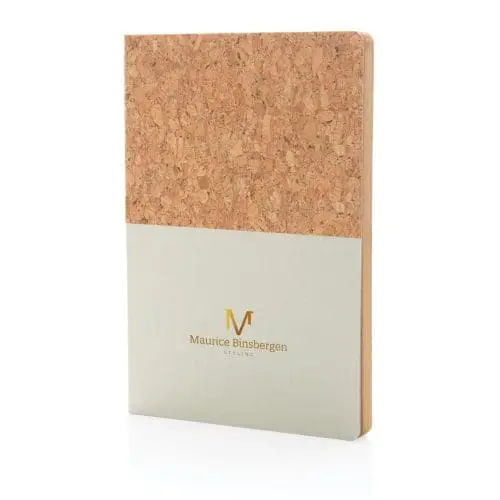 Promotional A5 Cork and Kraft Notebook in cork and cream with printed logo