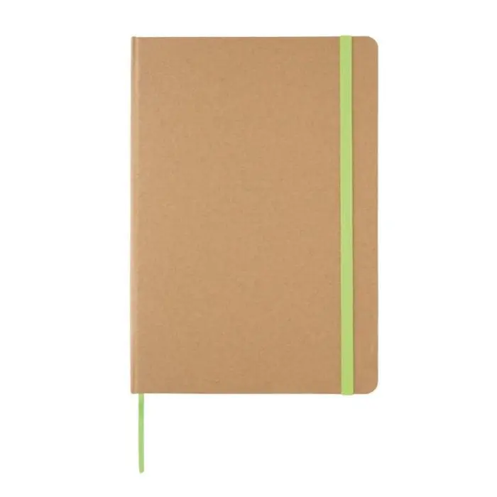 Promotional A5 Recycled Kraft Notebook with green elastic closure and printed logo