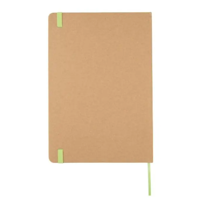 Promotional A5 Recycled Kraft Notebook with green elastic closure and printed logo