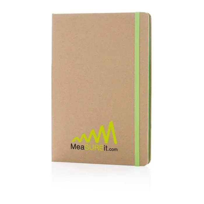 Promotional A5 Recycled Kraft Notebook with green details and printed logo