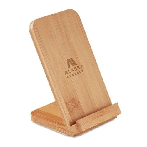 Promotional Bamboo Wireless Charging Stand in bamboo with printed logo or design