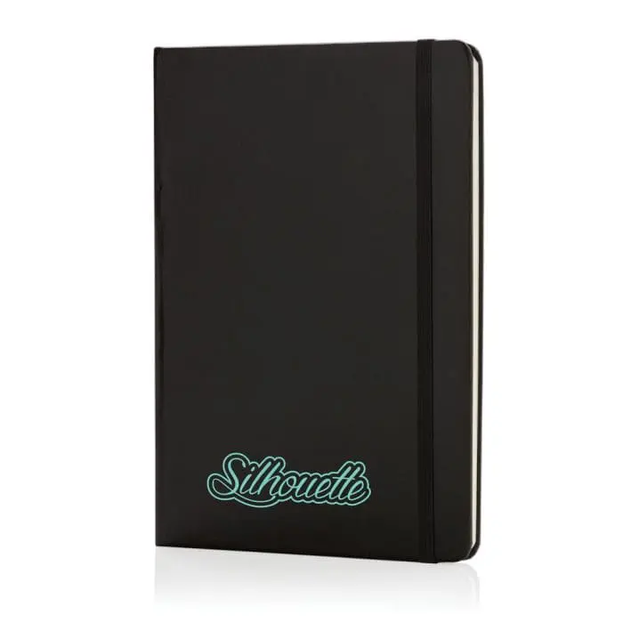 Promotional Cloud Classic Hardcover Notebook A5 in black with printed logo and elastic closure