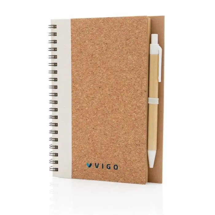 Printed Cork Spiral Notebook with Pen in cork with white trim and printed logo