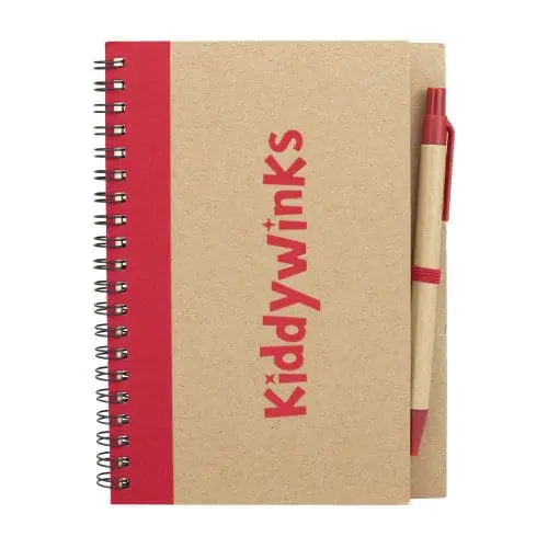 Promotional A6 Eco Spiral Notebook with Pen in red with printed logo or design