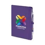 Printed Full Colour Notebook and Pen in purple as part of gift box set with printed logo