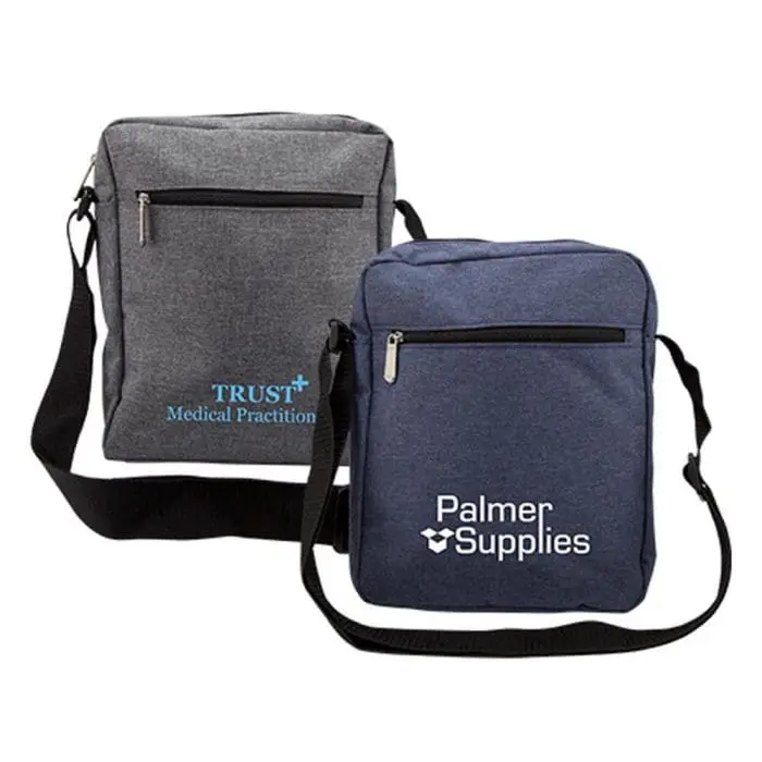 Branded Compact Messenger Bag in grey or blue with long handle and printed logo or design