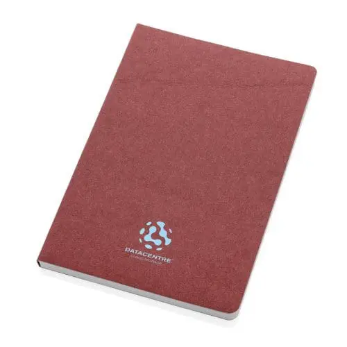 Promotional A5 Premium Recycled Paper Notebook in red with printed logo