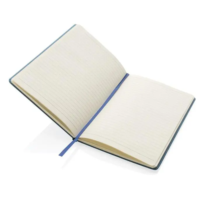 Personalised A5 FSC Paper Hardcover Notebook in blue with page marker and printed logo or design and lined pages