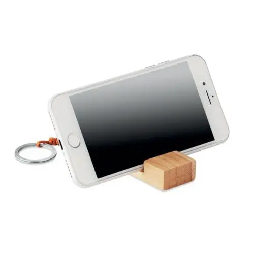 Printed Bamboo Smartphone Stand Keyring in bamboo with printed logo