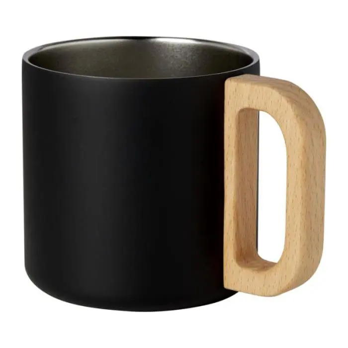 Customised Bjorn Recycled Vacuum Mug 360ml in black with wooden handle in presentation box with printed logo