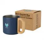 Printed Bjorn Recycled Vacuum Mug 360ml in blue with wooden handle in presentation box with printed logo