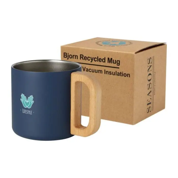 Printed Bjorn Recycled Vacuum Mug 360ml in blue with wooden handle in presentation box with printed logo