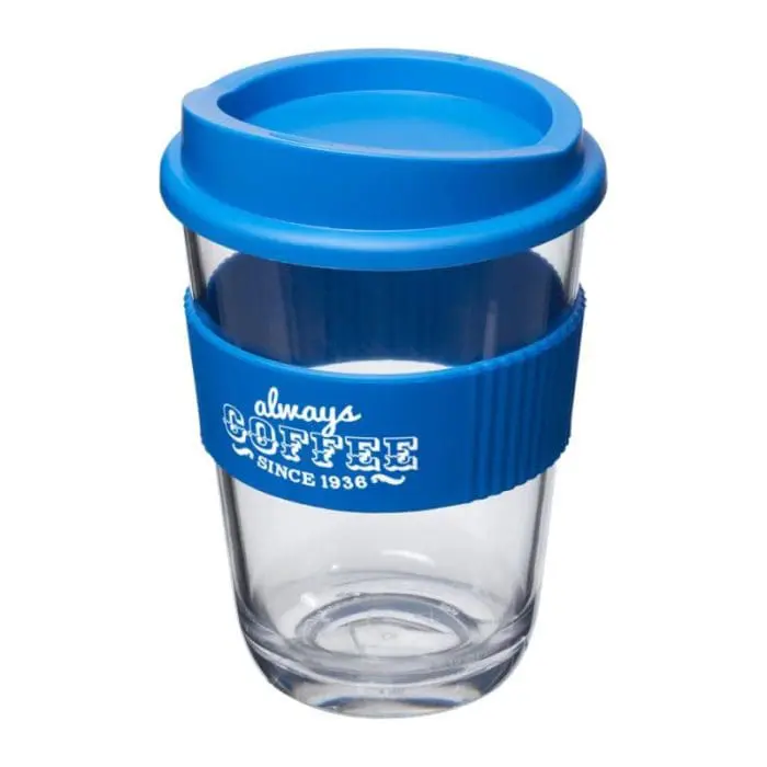 Branded Cortado Coffee Cup with Grip 300ml in blue with printed logo