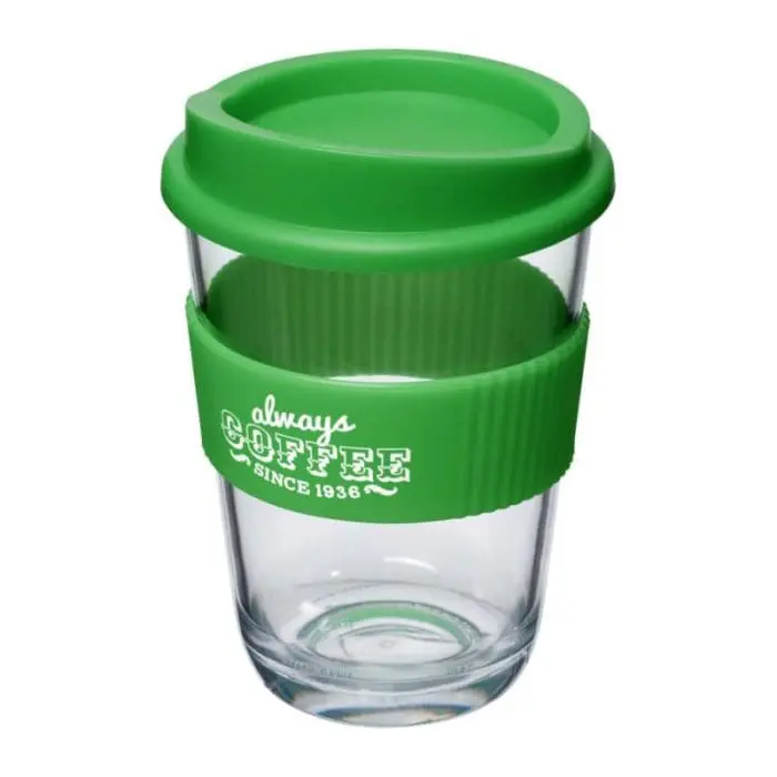 Branded Cortado Coffee Cup with Grip 300ml in green with printed logo