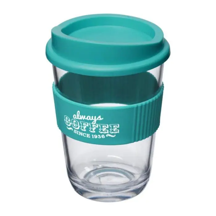 Branded Cortado Coffee Cup with Grip 300ml in light blue with printed logo