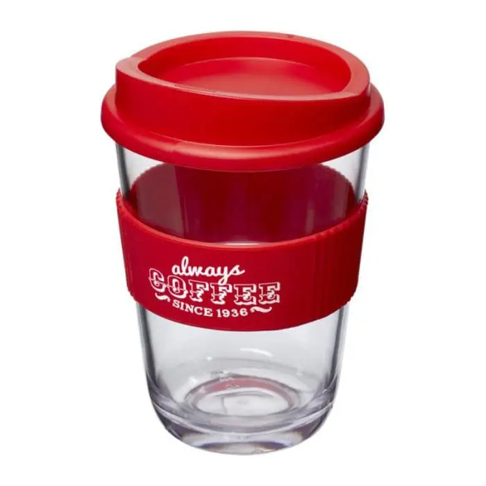 Promotional Cortado Coffee Cup with Grip 300ml in red with printed logo