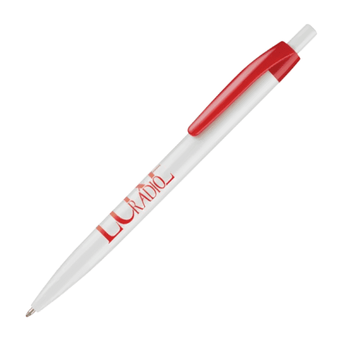 Promotional Supersaver Click Ballpen in red and white with printed logo