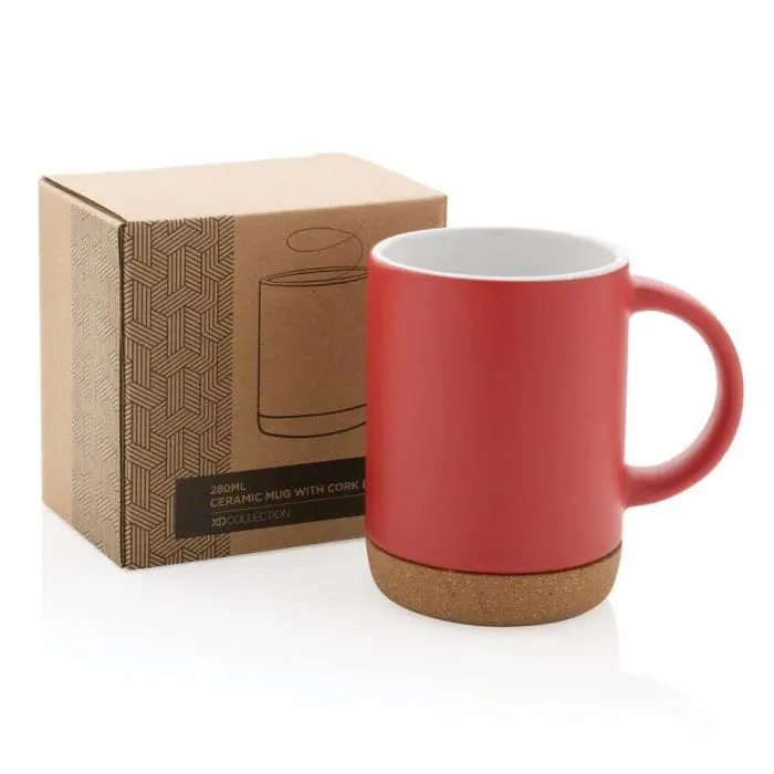 Custom-Branded Ceramic Mug with Cork Base 280ml in assorted colours supplied in gift box with printed logo or design