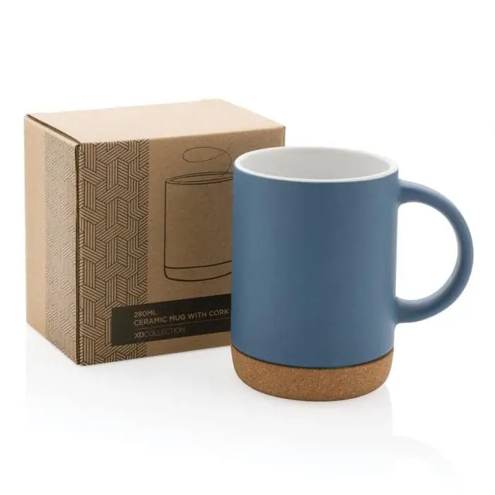 Personalised Ceramic Mug with Cork Base 280ml in assorted colours supplied in gift box with printed logo or design