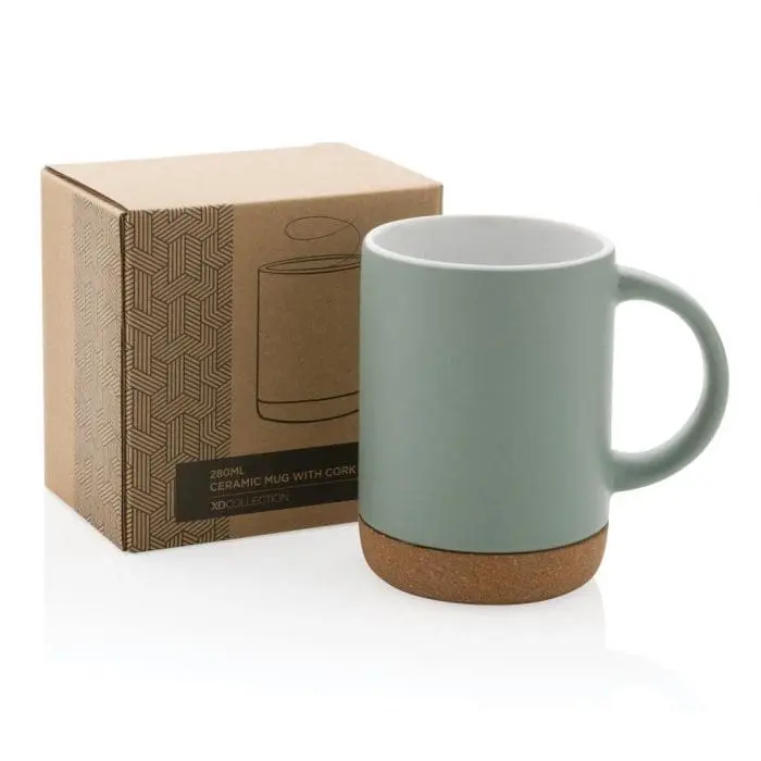 Branded Ceramic Mug with Cork Base 280ml in assorted colours supplied in gift box with printed logo or design