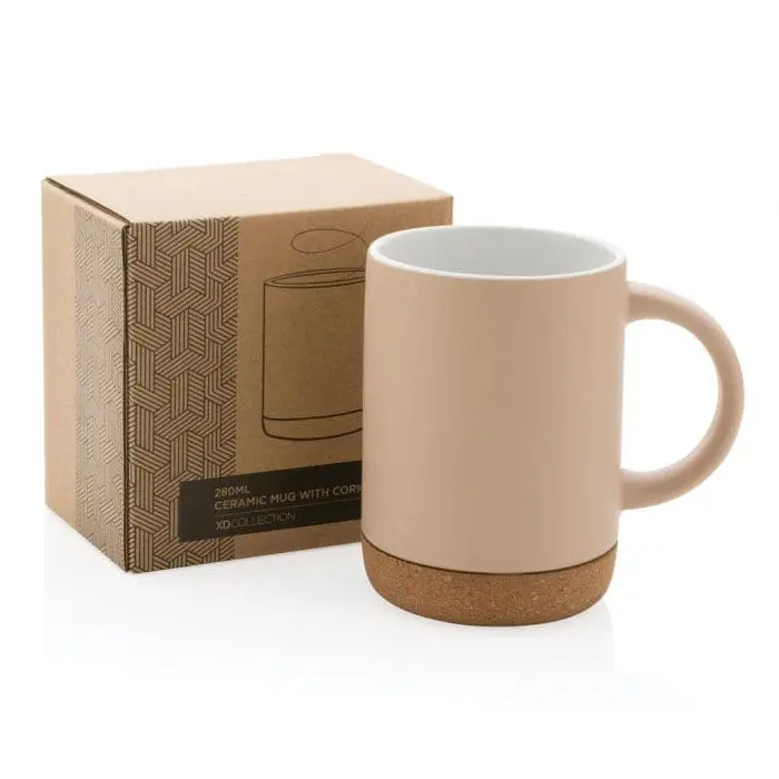 Branded Ceramic Mug with Cork Base 280ml with presentation box and printed logo or design