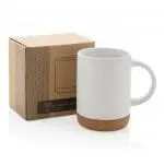 Branded Ceramic Mug with Cork Base 280ml in white supplied in gift box with printed logo or design