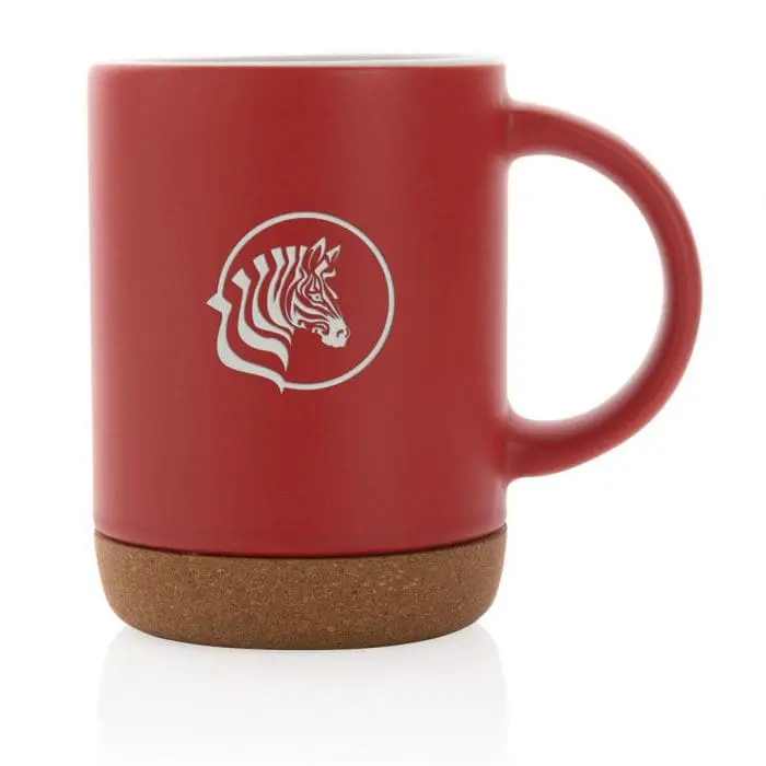 Promotional Ceramic Mug with Cork Base 280ml in red with printed logo or design