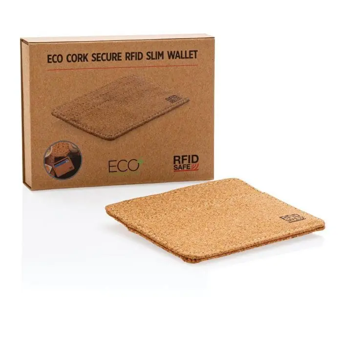 Printed Cork RFID Slim Wallet printed with logo or design supplied in brown card box