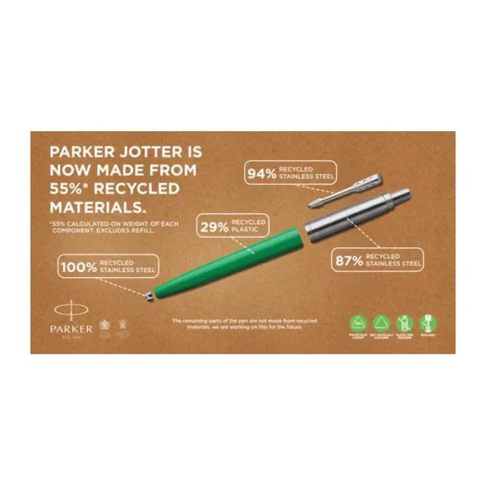 Branded Parker Jotter Recycled Ballpoint Pen in gift box in assorted colours with printed logo or design