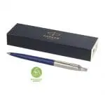 Printed Parker Jotter Recycled Ballpoint Pen in gift box in navy blue and silver with printed logo or design