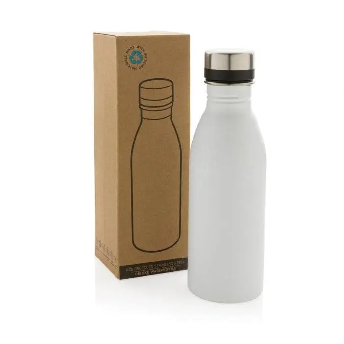 Personalised Recycled Deluxe Water Bottle 500ml in white printed with logo or design supplied in cardboard box