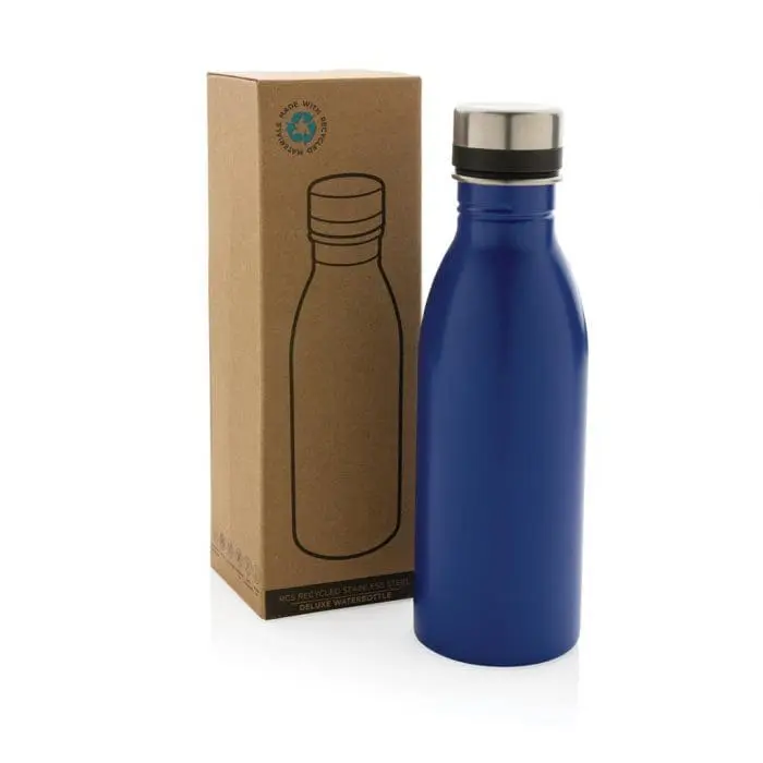 Branded Recycled Deluxe Water Bottle 500ml in blue printed with logo or design and supplied in brown box