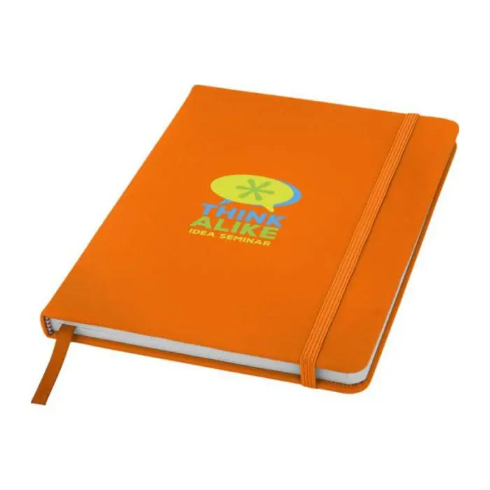 Printed Spectrum A5 Soft Touch Notebook in orange with orange trim and printed logo or design